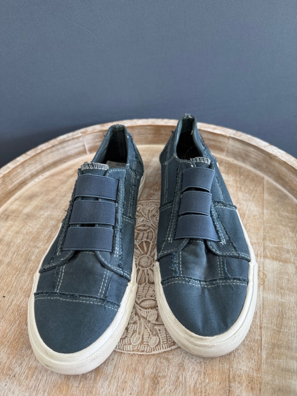 Women’s Slip-On Triple-Strap Sneakers in Blue and White